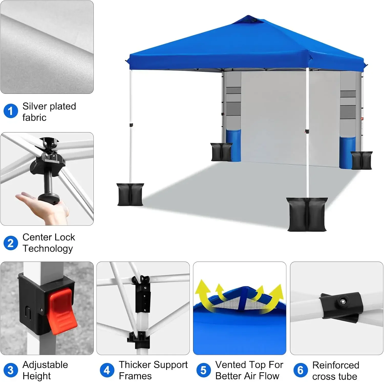 

10x10 Pop Up Canopy Tent,One-Button Push Setup,Pop Up Tent with 1 Sidewall and 6 Pockets,Adjustable HeightInstantPortableShelter