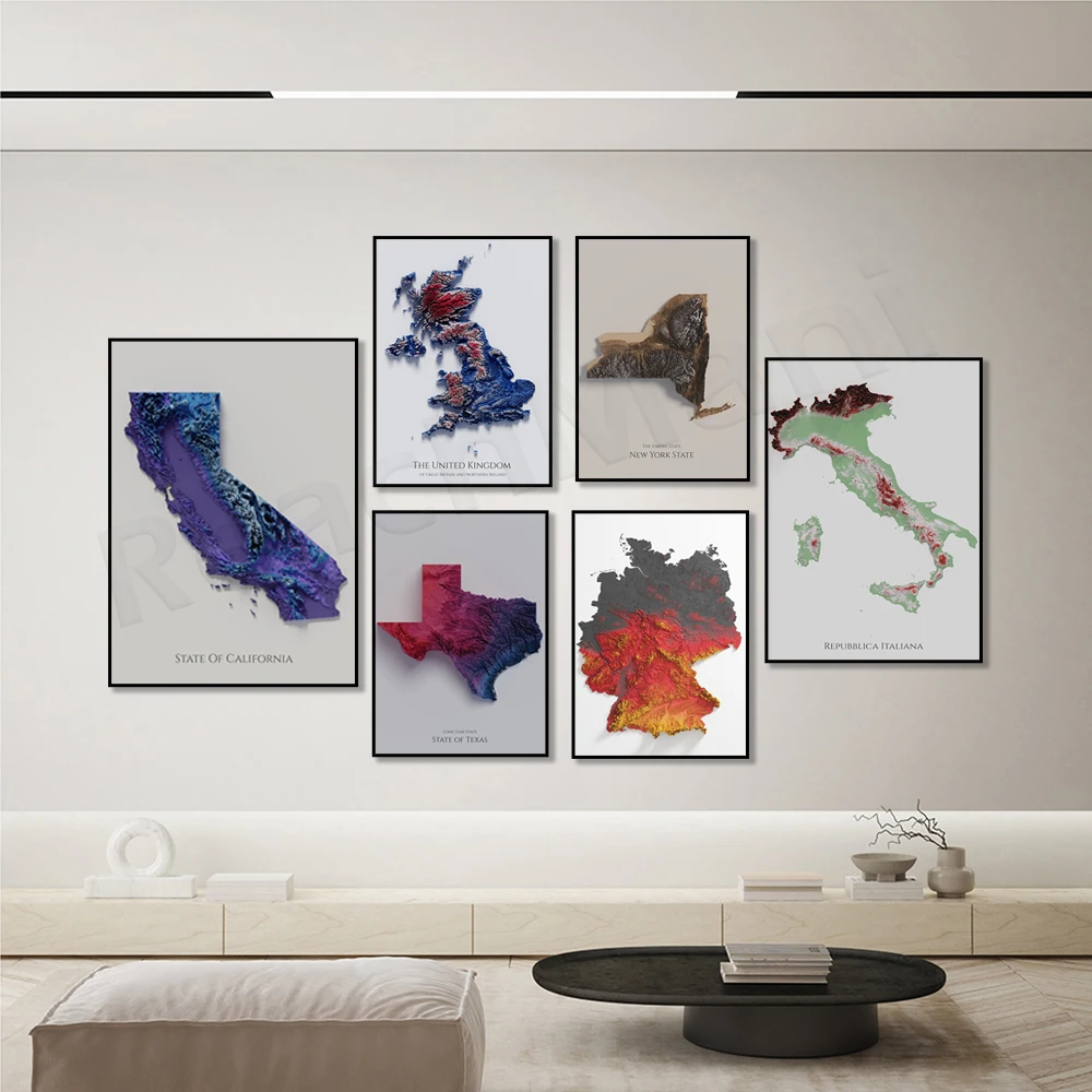 Mapa Topográfico sombreado de Gran Bretaña, EE. UU., Alemania, California, Texas, Nueva York, Patin, España, póster impreso en lienzo
