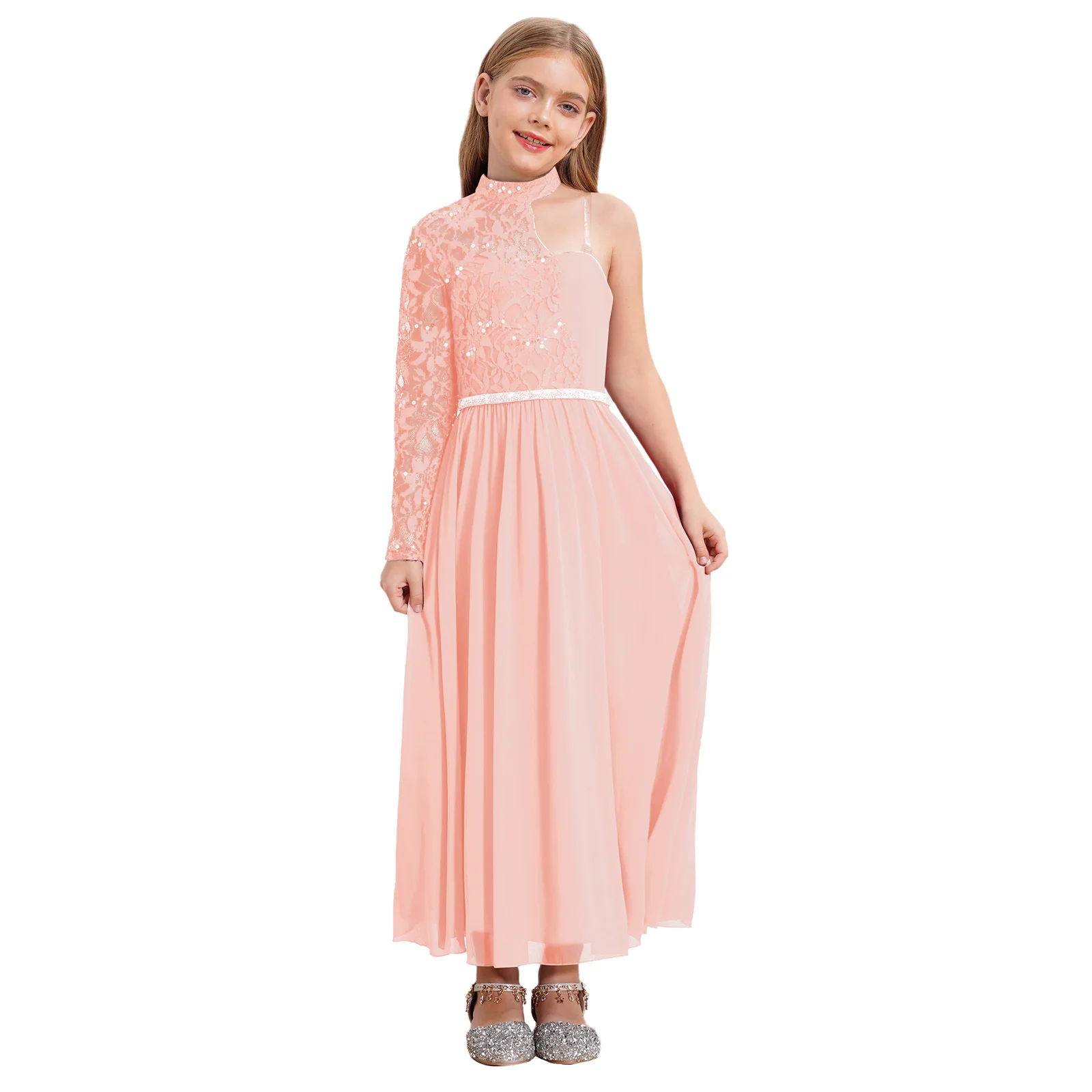 

Girls Glittery Lace Flower Dress Gown Faux Diamond Chain with Waistline Gown for Wedding Birthday Party Graduation Prom Uniforms