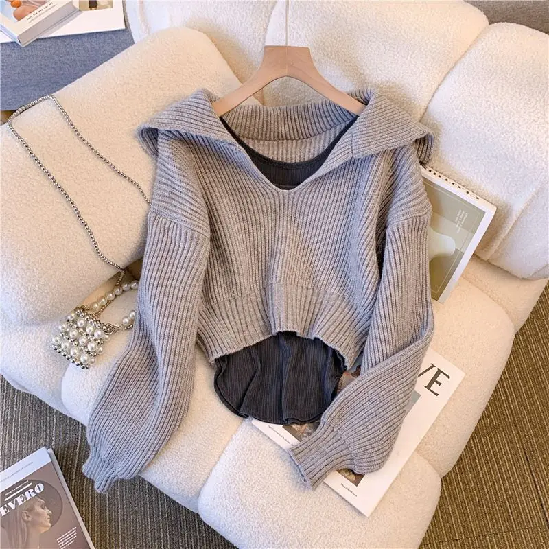 Navy Collar Knitted Sweater Irregular Vest Pull Femme Vintage Tops Knitwear Sueters Mujer Winter Clothes Women Pullover 2 Sets