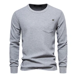 AIOPESON Waffle Cotton Solid Color Men Tshirts Single Pocket Long Sleeve Tee Shirts for Men New Spring Basic Breathable Tops Men