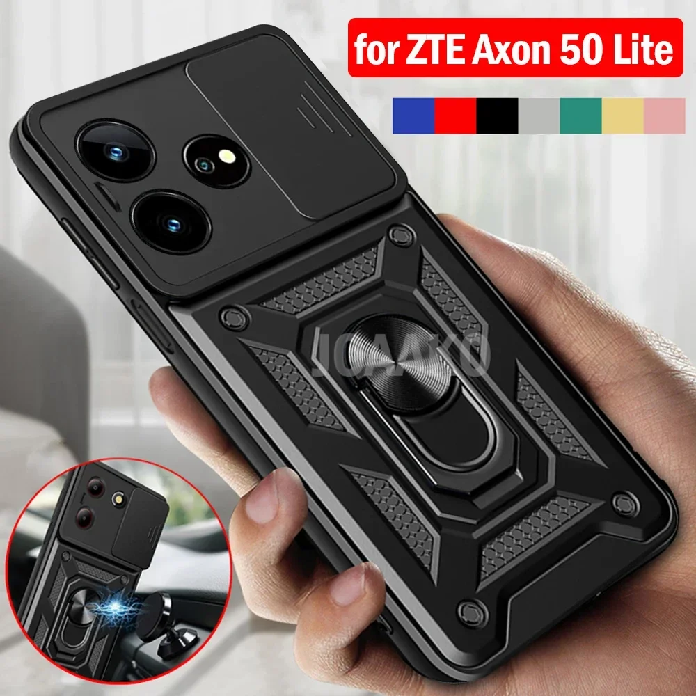 Slide Camera Funda for ZTE Axon 50 Lite Case Armor Ring Stand Protect Cover for ZTE Axon 50 Lite Capa