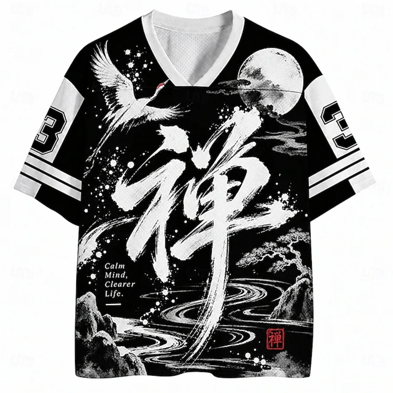 New Men's Fox-Print T-Shirt Short-Sleeve T-Shirt “Zen” Print V-Neck T-Shirt Sports & Casual Wear Spring/Summer Clothing S-5XL