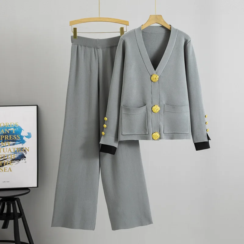 Herfst Winter Mode Vrouwen Gebreide Trui Set Grote Gouden Knop V-hals Vest Jassen Losse Hoge Taille Wijde Pijpen Broek pak B649