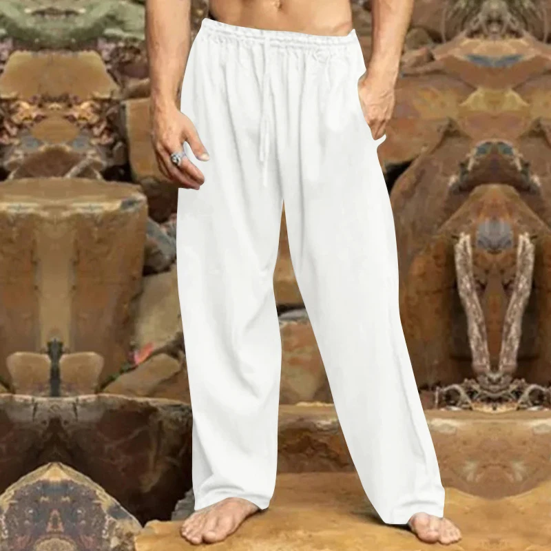 2024 Men\'s Linen Loose Elastic Pants Summer Leisure Beach Straight Solid Color Pants