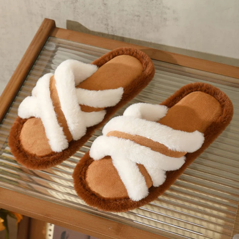 Mixed Color Cross Band Fur Slippers Women Comfy Open Toe Soft Sole Home Slides Woman Plus Size 45 Non Slip Plush Slippers Couple