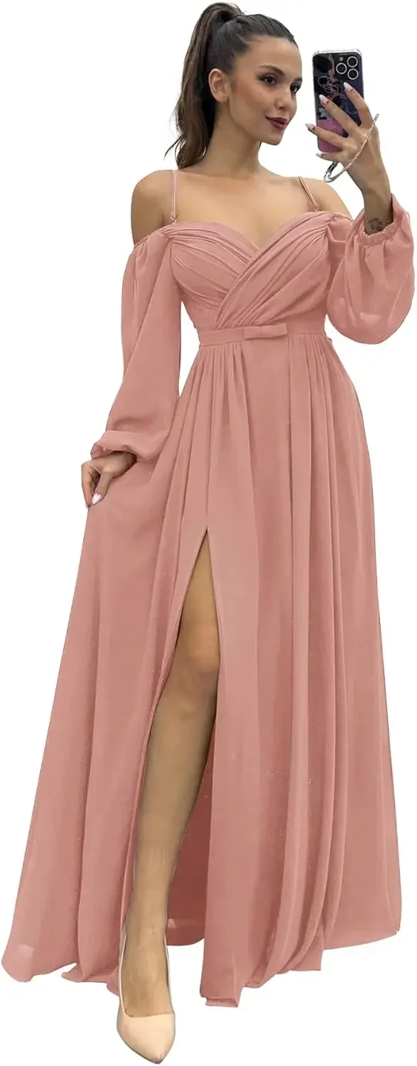 

Women's Long Sleeve Bridesmaid Dress Spaghetti Strap Wedding Guest Gown with Split and Pockets Ruched Formal Dress