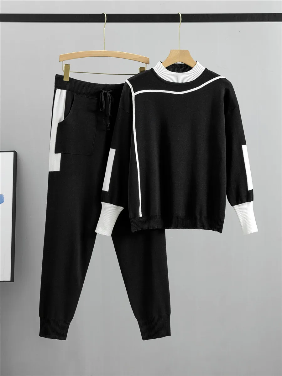 Spring Fall Knitted 2 Pieces Sets Women Long Sleeve Knit Pullover Tops Conjuntos Korean Casual High Waist Jogger Pants Outfit