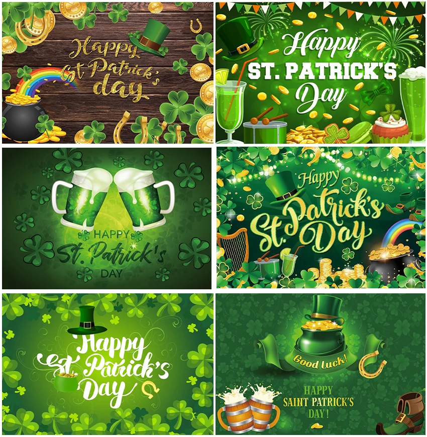 Lucky Clover Banner St Patrick's Day Decor Backdrops Party Photography Hat Rainbow Beer Supplies Green Leaves Spring Background