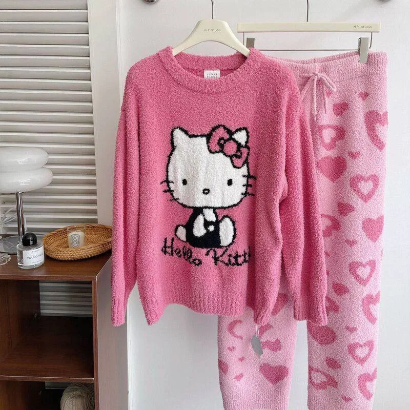 Sanrio Hello Kitty Cartoon Sweet Homewear Set of Autumn Winter Thickened Leisure Two-piece Cute KT Cat Can Go Out Pajamas Pants