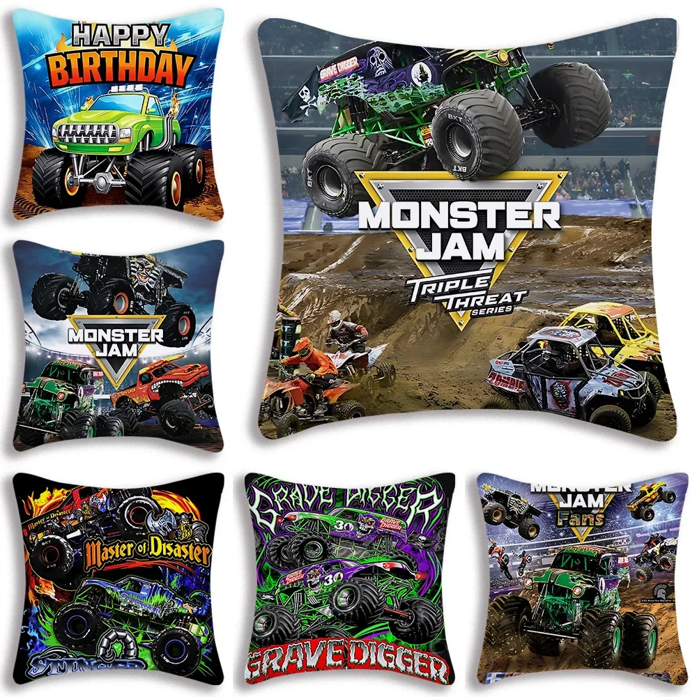 Monster Jam Monster Truck Cartoon Pillow Covers Cartoon Sofa Decorative Home Double-sided Printing Short Plush Cushion Cover