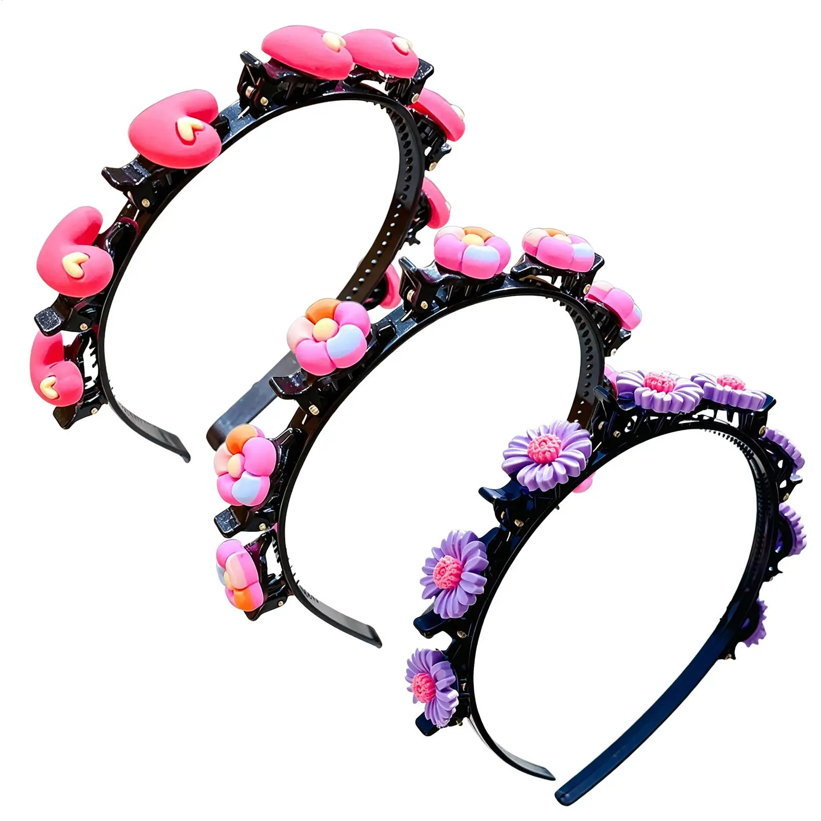 Hair Clip Headband Heart Flower Cartoon Headwear with Clips Twist Plait Hairstyle Headband for School Mornings Party Daily Wear