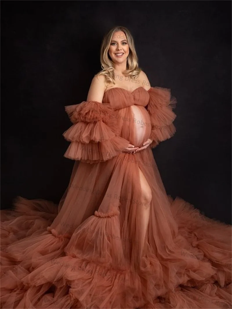 Brown Tulle Wedding Maternity Dress For Photography Sweetheart Short Sleeves Sexy Long Night Robe Party Prom Gowns Custom Made