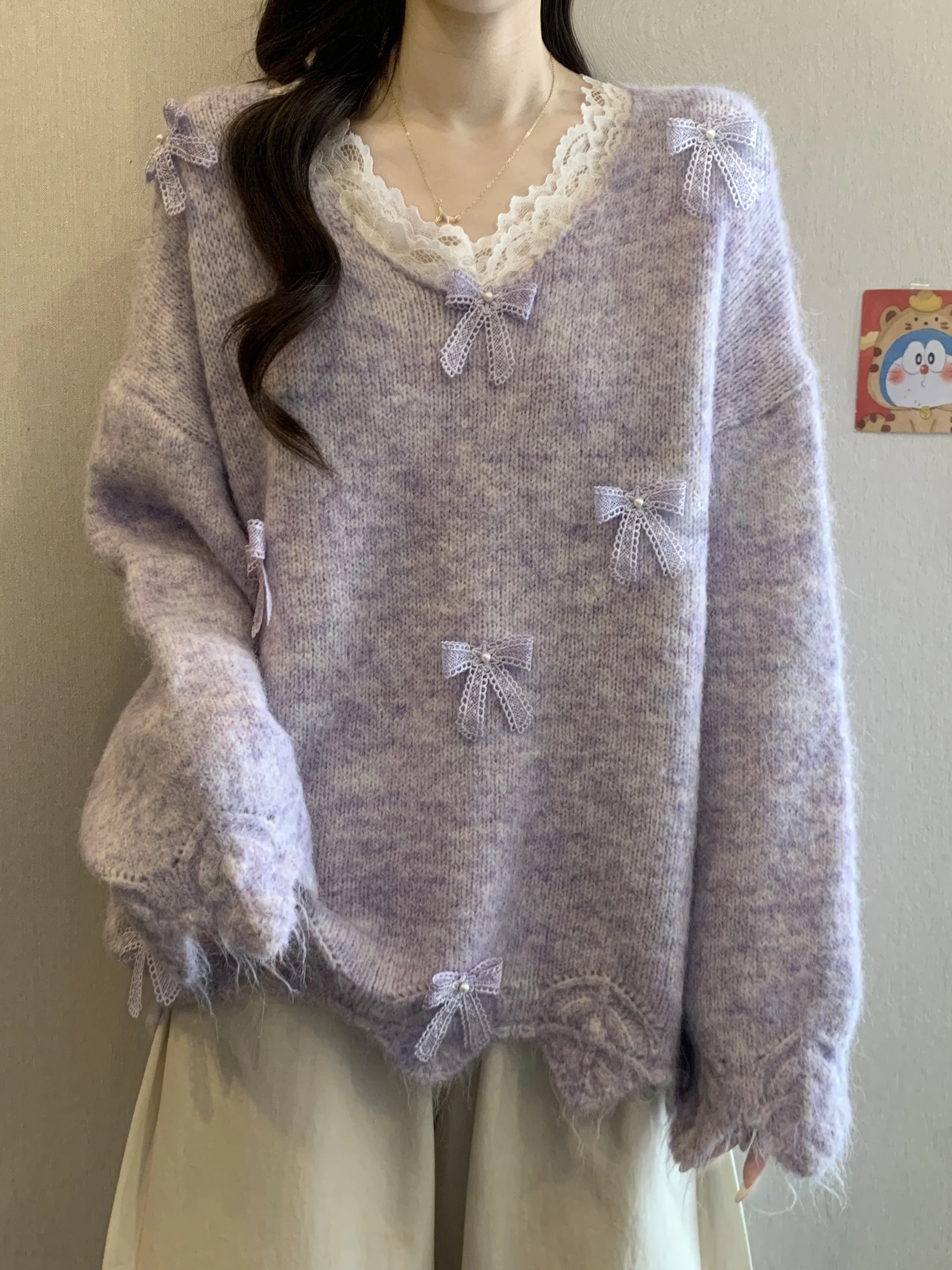 

plus Size Purple Lace Trim V-Neck Knitwear with Bowtie for Women Soft Cozy Belly Concealing Slimming Mid-Length Sweater