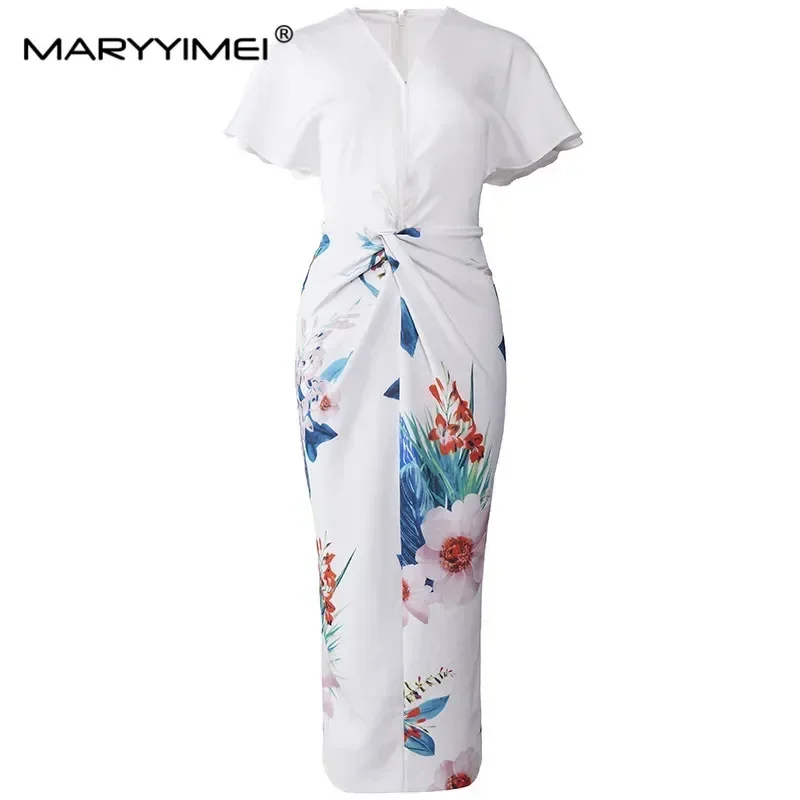 MARYYIMEI أنيقة زهرة طباعة فستان أبيض طويل المرأة مثير الخامس الرقبة قصيرة الأكمام حزمة الأرداف سليم الصيف المدرج فساتين