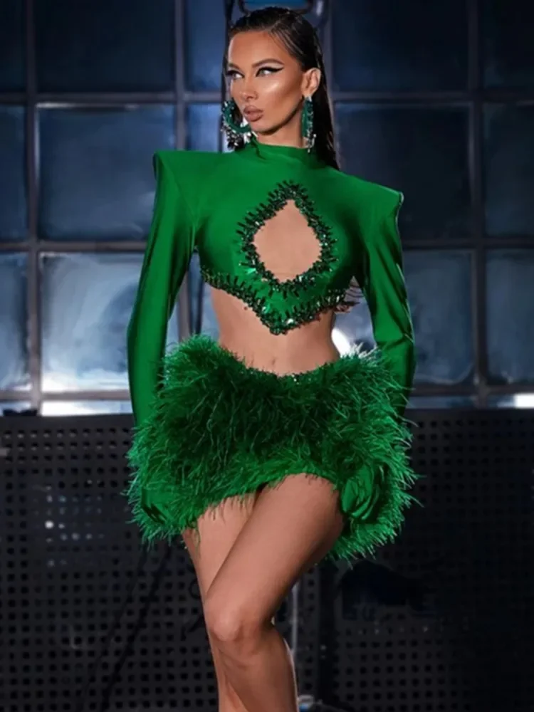 

2024 Women Summer Celebrity Sexy O Neck Feather Beading Green Mini Bandage Skirt Set Knitted Elegant Evening Club Party Clothing