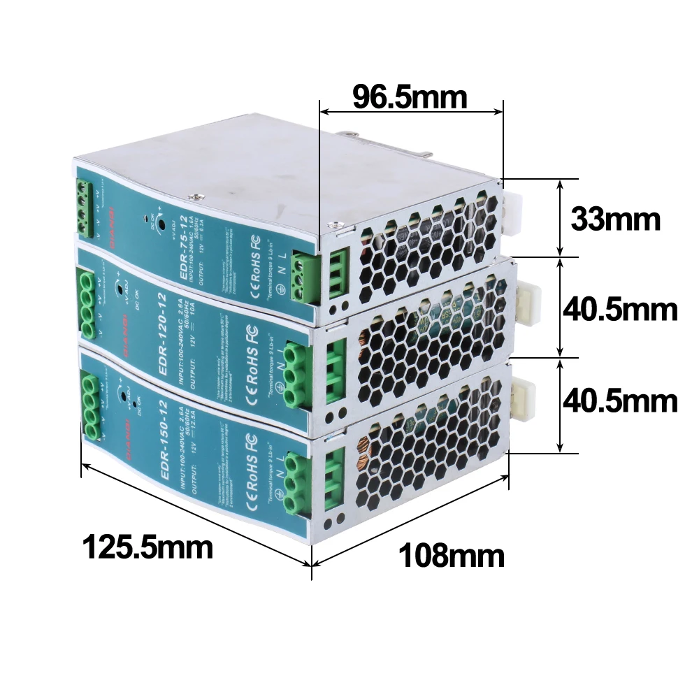 DIANQI EDR-75 120 150 series 12V 24V 48V DC 75w 120w 150w Single Output Industrial DIN RAIL Power Supply