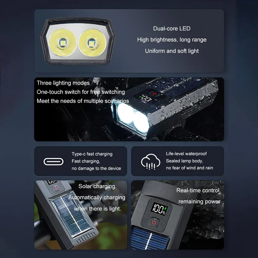 الطاقة الشمسية الدراجة الخفيفة المصباح شاشة ديجيتال مقاوم للماء إضاءة دراجة هوائية الجبهة ركوب ضوء مصباح يدوي قابلة للشحن متعددة الوظائف U5D1