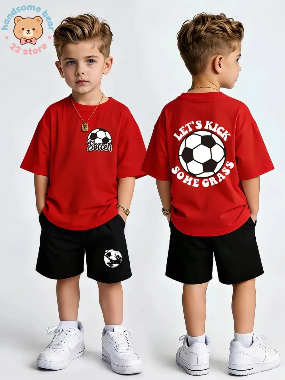 Sommer-Bekleidungsset für Kinder Fußball-Print T-Shirt Shorts 2-teiliges Outfit Kinder Sport Freizeitanzug Baumwolle Teenager-Jungen Kleidung – Detail 9