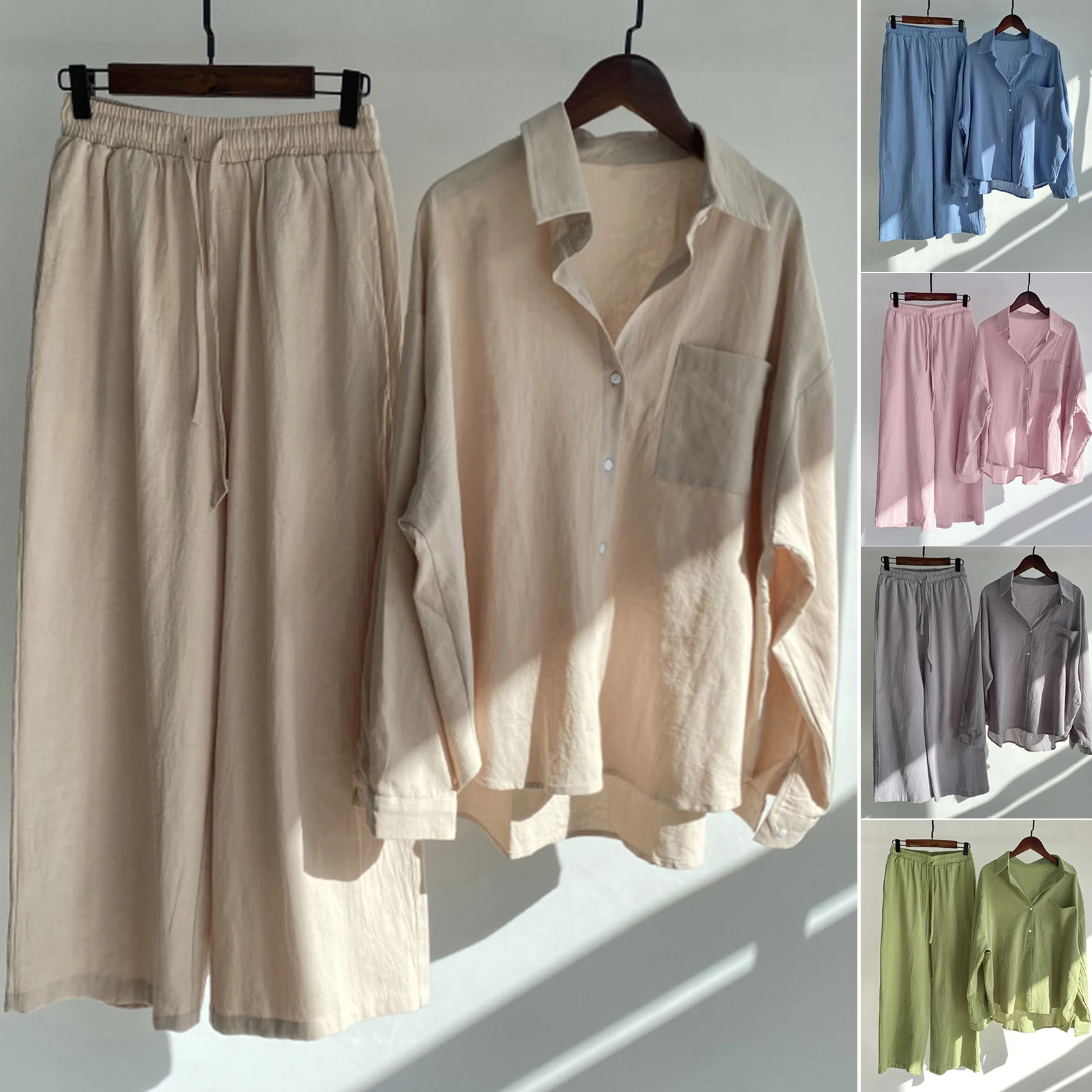 Chándal holgado de dos piezas para mujer, conjunto de camisa de manga larga, Tops y pantalones de pierna ancha, trajes elegantes informales de