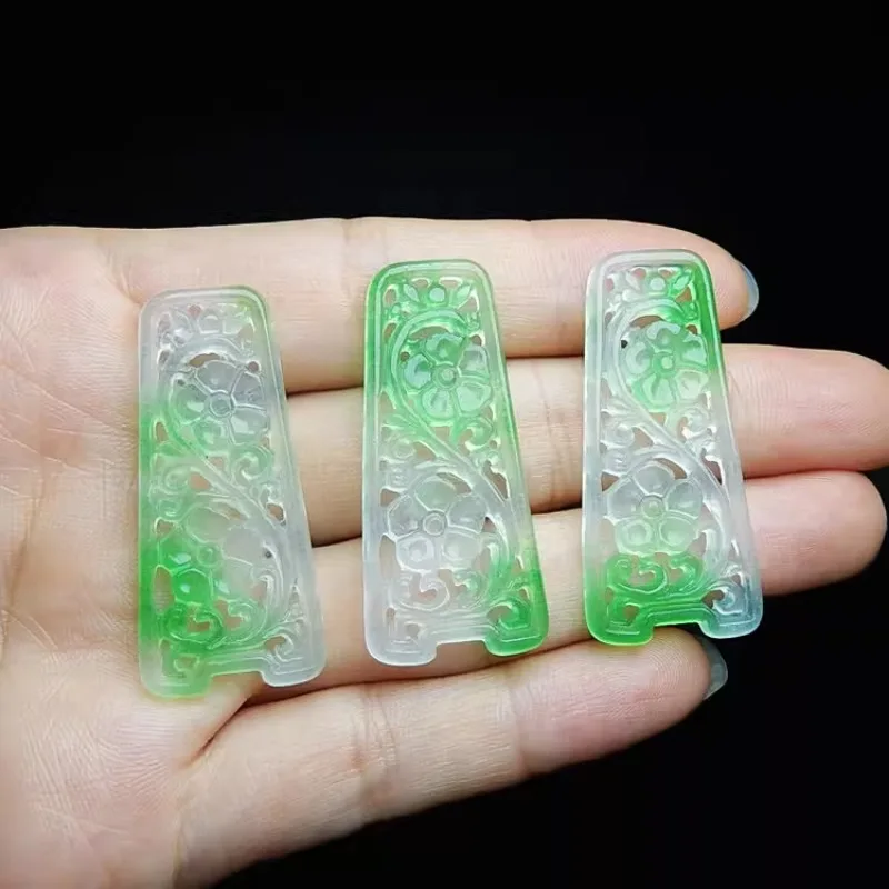 Natural Ice Seed Trapezoid Plum Blossom Jade Carved Hollowed Out Pendant Accessories DIY Earrings Chinese Jewellery Amulet Women