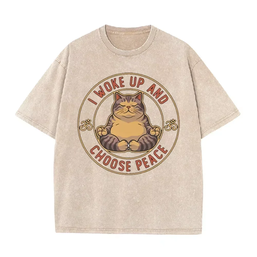 Retro Beige Zen Yoga Tabby Cat Om Symbol Acid Wash Oversized Streetwear Tee