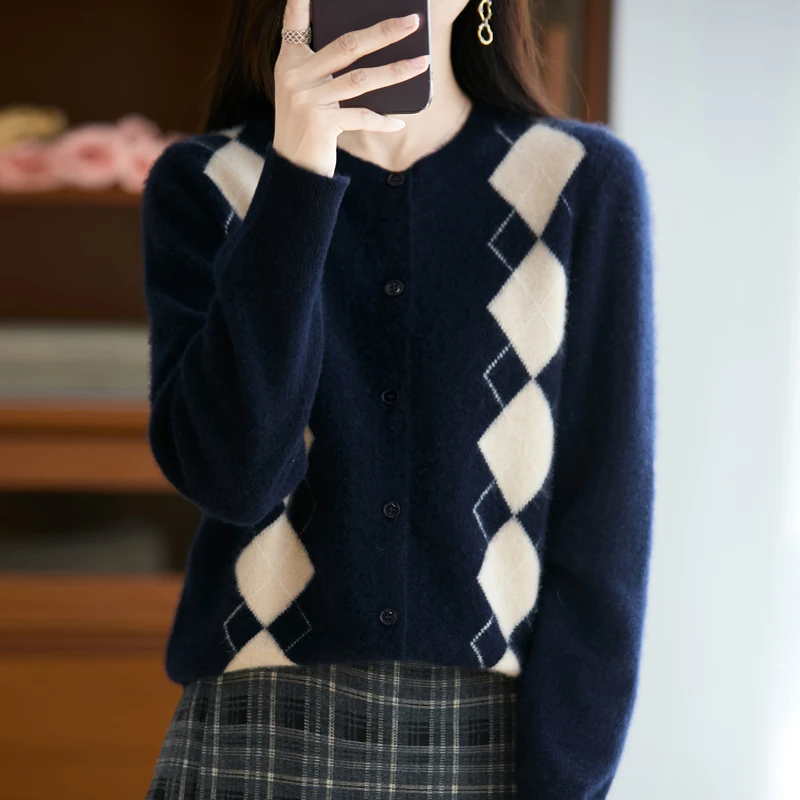 

Quality Women's 100% Merino Wool O-neck Diamond Grid Jacquard Cardigan Autumn Winter Casual Sweater Basic Simple Comfort Knitted