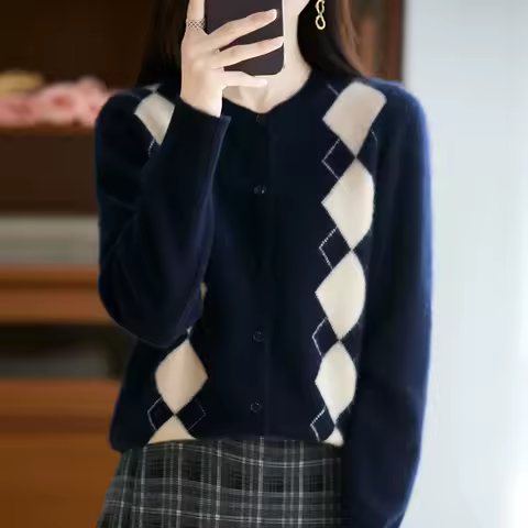 Quality Women's 100% Merino Wool O-neck Diamond Grid Jacquard Cardigan Autumn Winter Casual Sweater Basic Simple Comfort Knitted