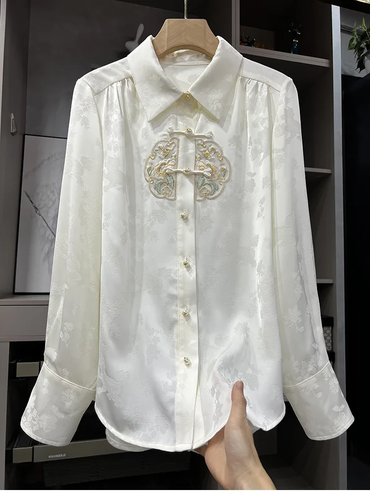 

High Quality Spring 2024 New Chinese Style Embroidered Patchwork Shirt Women's High-end Retro Button Up Small Shirt Top Vestido