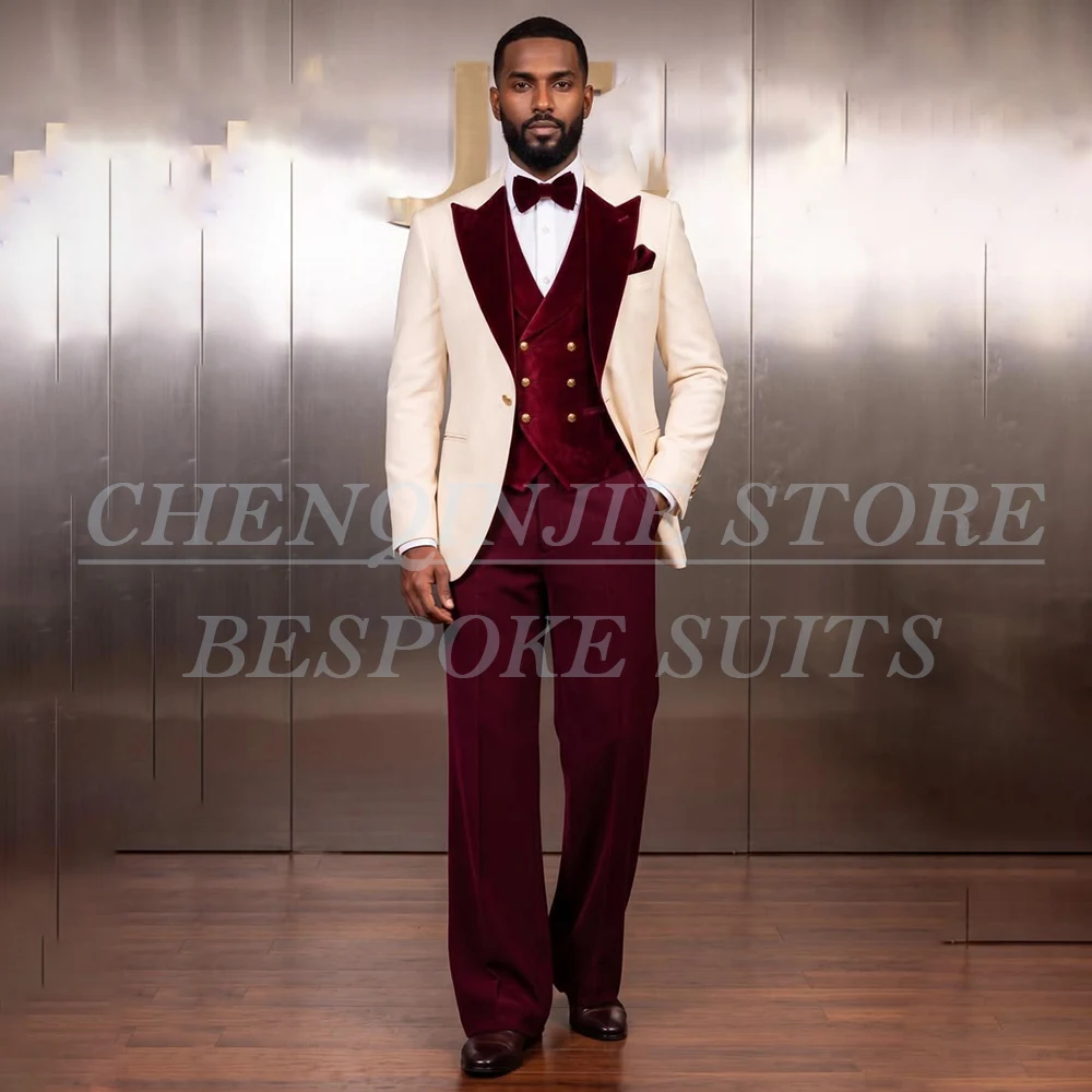 Luxury Wedding Men's 3 Piece Suits Customzied Slim Fit Single Breasted Velvet Peak Lapel Blazer Fashio Jacket Pants Vest Sets