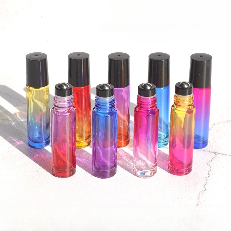 5 pçs 10ml cor gradiente rolo de vidro garrafas de óleo vazio rolo bola garrafa com bola de metal para óleo essencial kit viagem