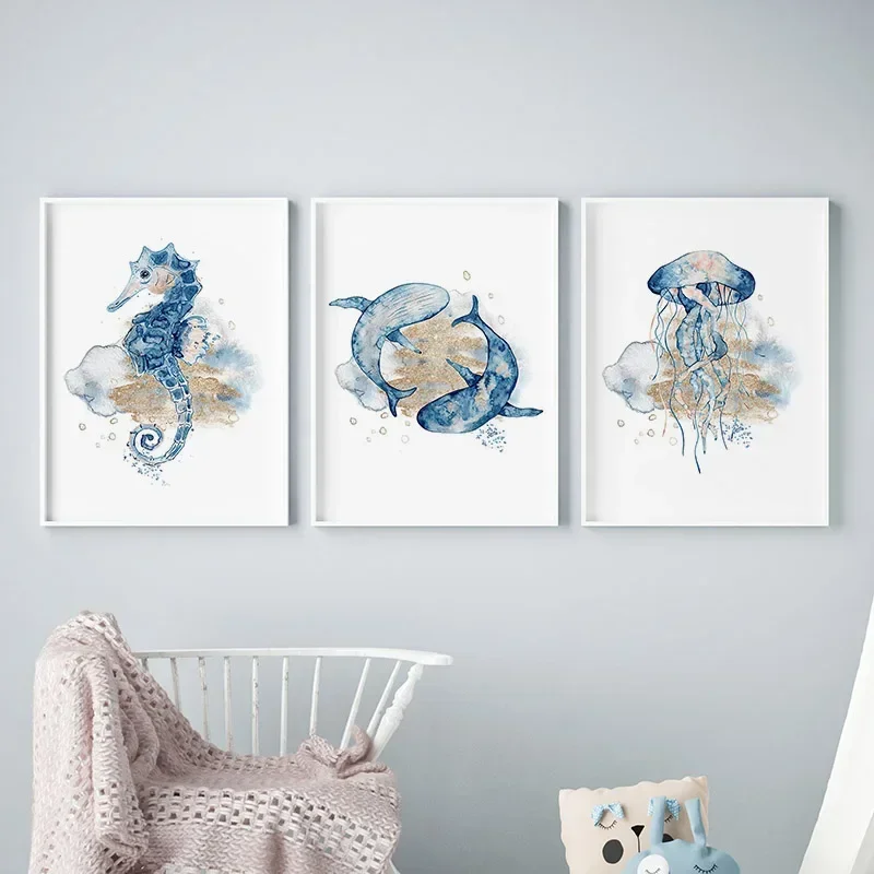 Multi-size 1PC frameless high-definition decorative paintings,Jellyfish Seahorse Whale Shark Octopus Nordic Nursery Wall Art Pos