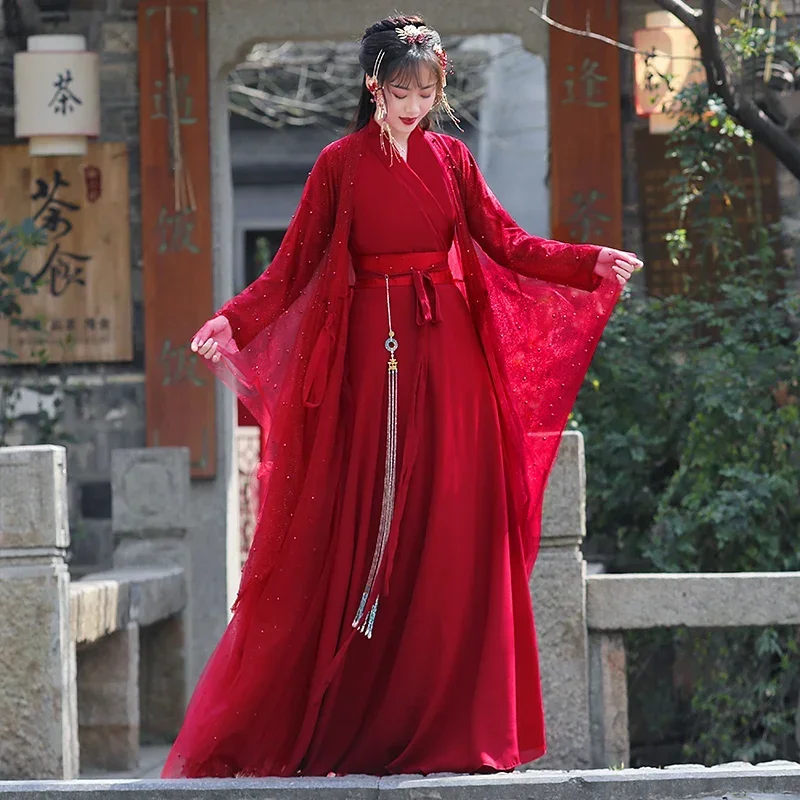 Original Hanfu Women's Ancient Costume Red Elegant Sequins Shimmering 2-Layer Fabric Fairy Chinese Style Dance Prom