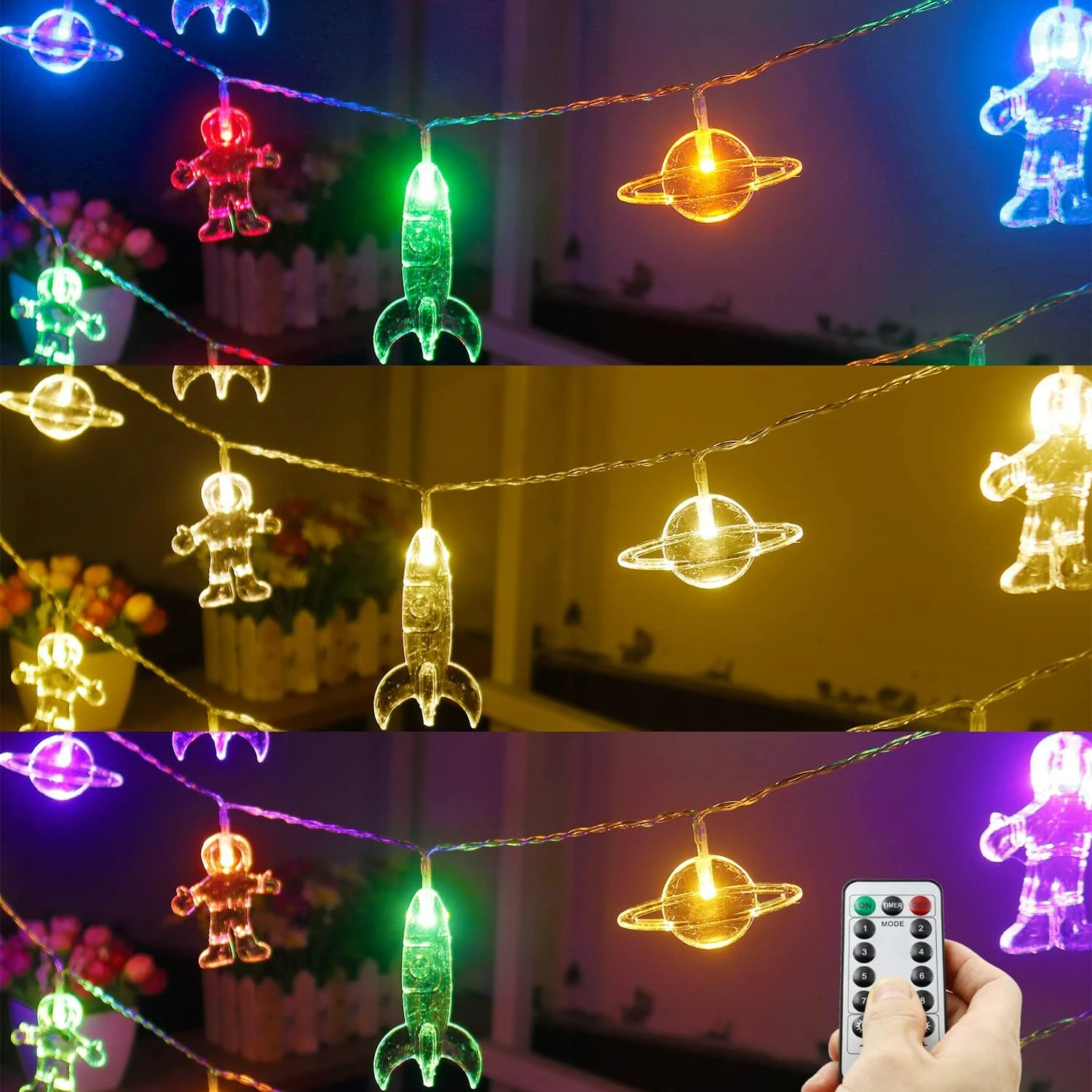 Colorful Glow Astronaut Rocket Spaceship Theme Lights, 11Ft 20Leds Color Changing, Perfect Birthday Gifts for Kids' Bedroom Deco