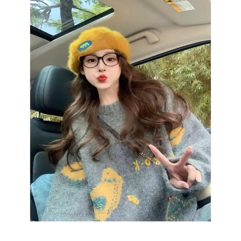 سترة نسائية محبوكة جديدة برقبة دائرية لخريف وشتاء 2025، سترة كورية راقية ناعمة وفضفاضة لطيفة #4