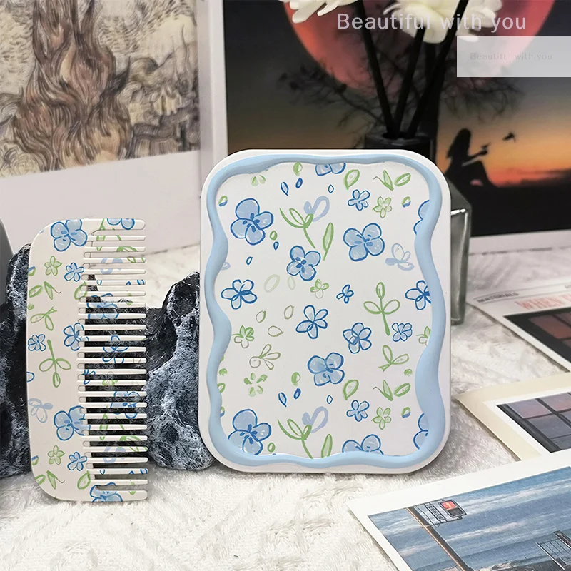 Cartoon Blue Flowers Pattern Flip-Top Folding Makeup Mirror Portable Pocket Mirror Rectangle Cosmetic Mirror With Comb For Women