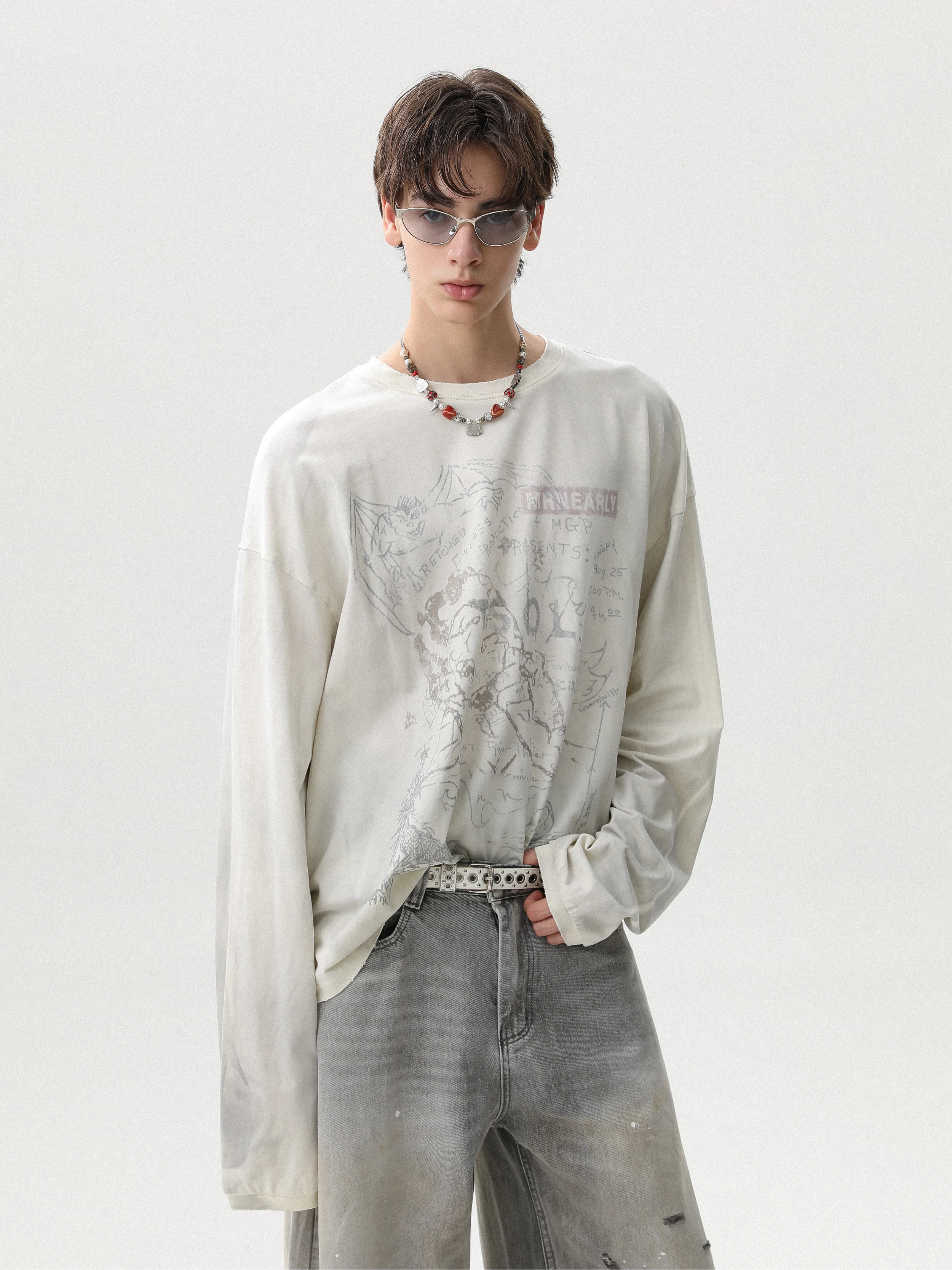 MRNEARLY American Retro Dirtied Pure Cotton Long Sleeve T-shirt Loose High Street Cool Brand Men Women Fashionable Top