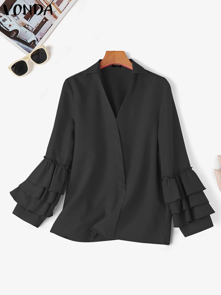 VONDA Fashion Ruffled Shirts Women Tops 2024 Autumn Long Sleeve Blouse Casual Sexy V-Neck Loose Solid Color Blusas Femininas