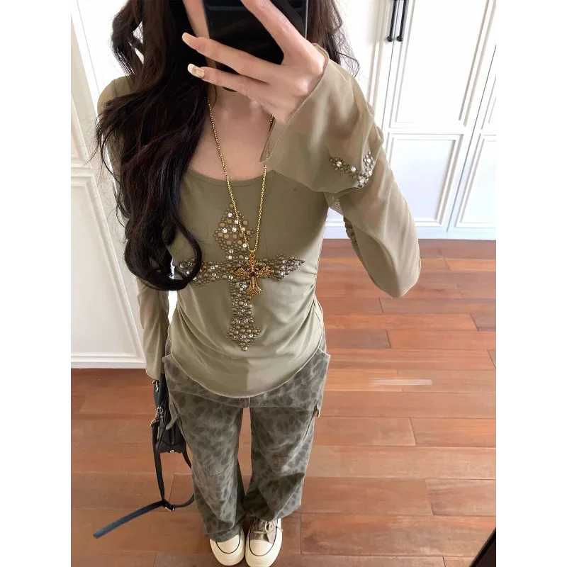 

Футболка с длинным рукавом, женский тонкий топ, повседневный пуловер с бисером и круглым вырезом