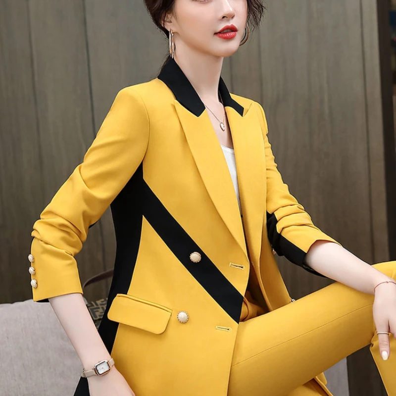 Yellow Contrast Color Women Suits Office Sets New Slim Long Sleeve Double Breasted Blazers Chic Casual Pants Suits Z983