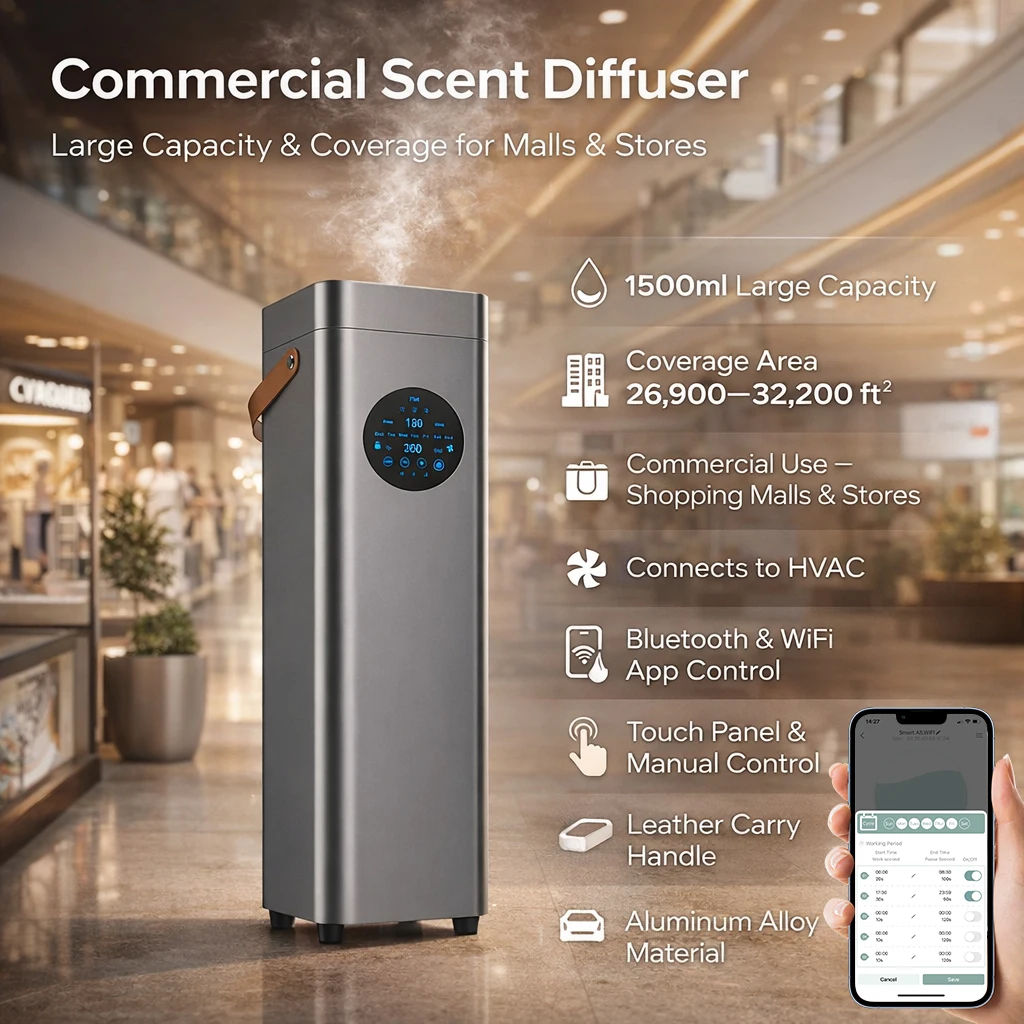 8000m³ Fragrance Aroma Diffuser Smart Electric Scent Machine for Hotel Home Hvac Big Area Bluetooth WIFI Control 1500ML Capacity