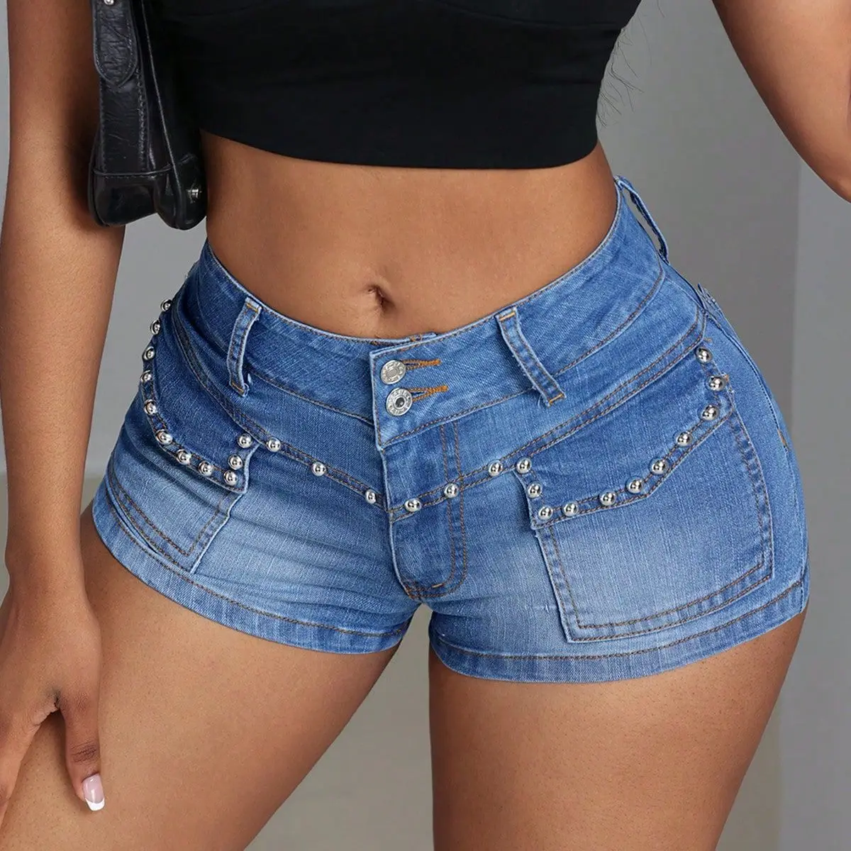 

Summer New Women's Jeans Sexy Low Waist Skinny Beaded Bullet Denim Shorts