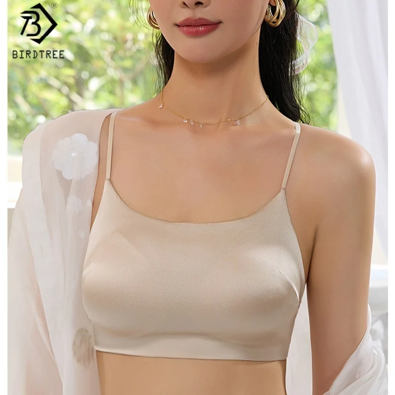 Birdtree 19MM 93% Silk 7% Spandex Solid Bra,Women Satin 3/4 Cup U-shaped Back Soft Breathable Sling Underwear A59124JF