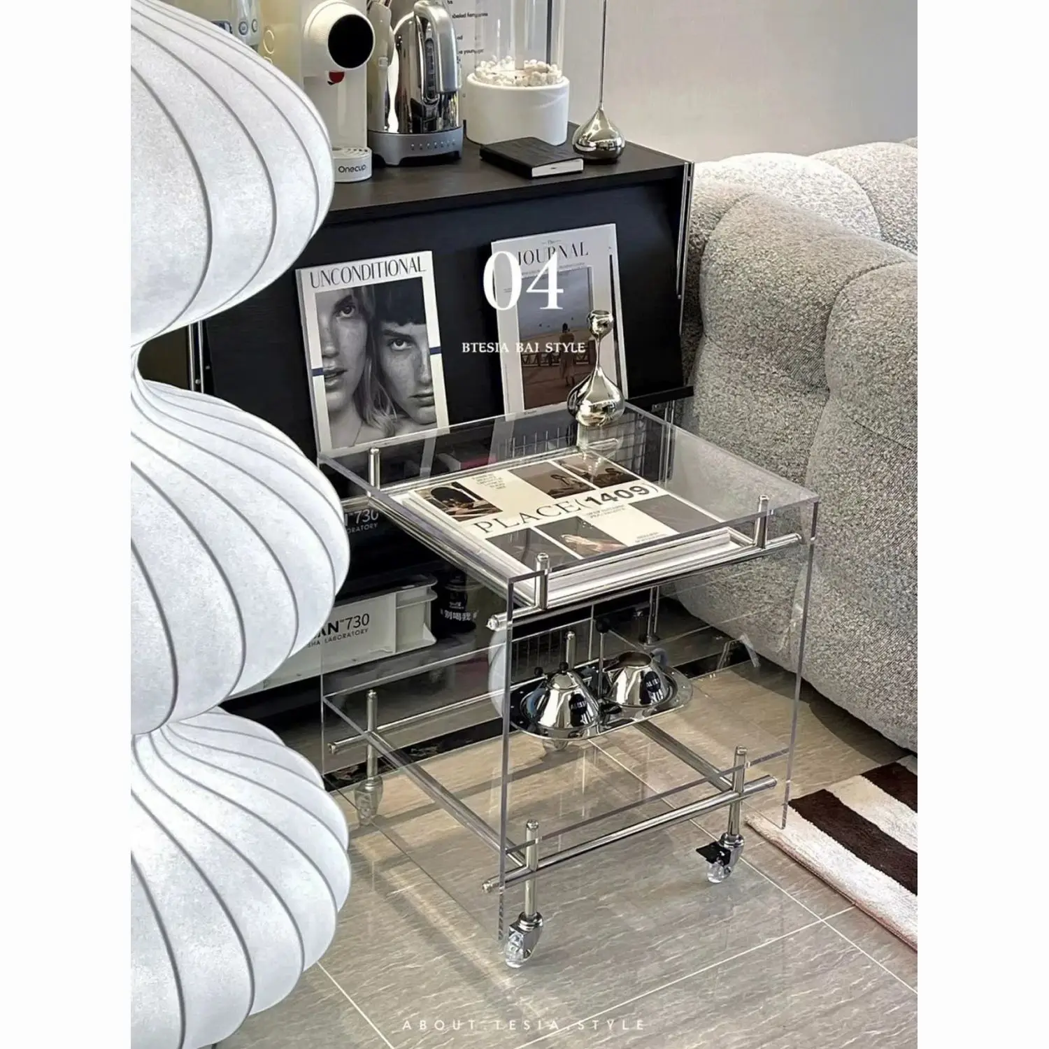 

Acrylic Rolling Cart - Transparent Mobile Side Table, Stainless Steel Organizer for Living Room & Bedroom