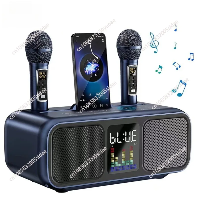 2-in-1 Karaoke Player with Bluetooth Speaker & Wireless Microphones, Home Karaoke Machine with Phone Holder for Family Singing