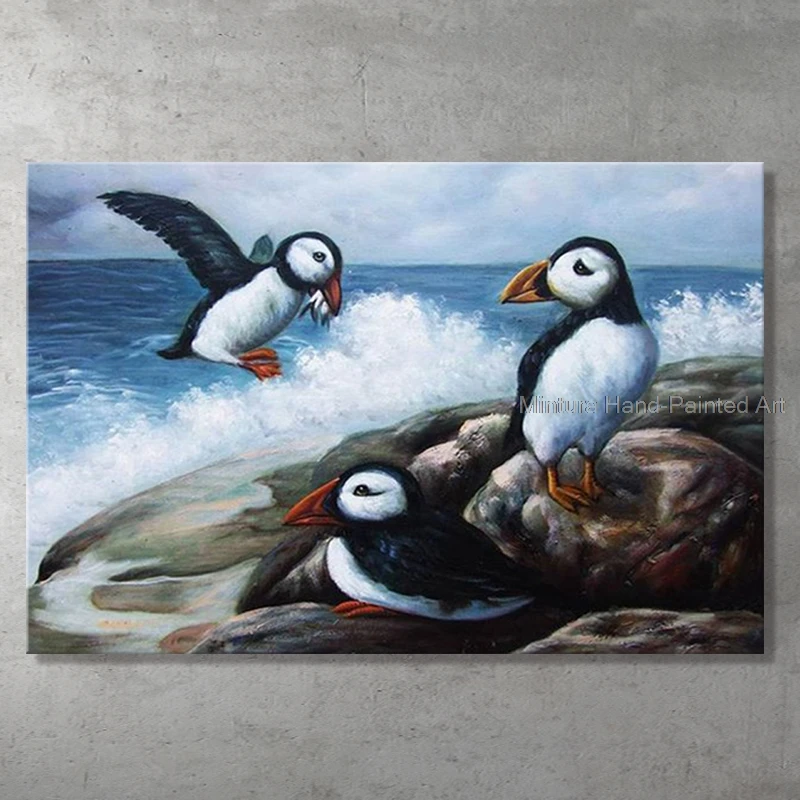 Mintura,Handmade Handpainting Ocean Waves Sea Birds Catching Fish Animal Oil Painting Canvas,Wall Art,Picture Bedroom Home Decor