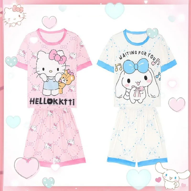 Sanrioed Cinnamoroll Pajamas Kawaii Hello Kittys Kuromi Girls Short Sleeve Shorts Cartoon Sleepwear Children Home Clothes Summer