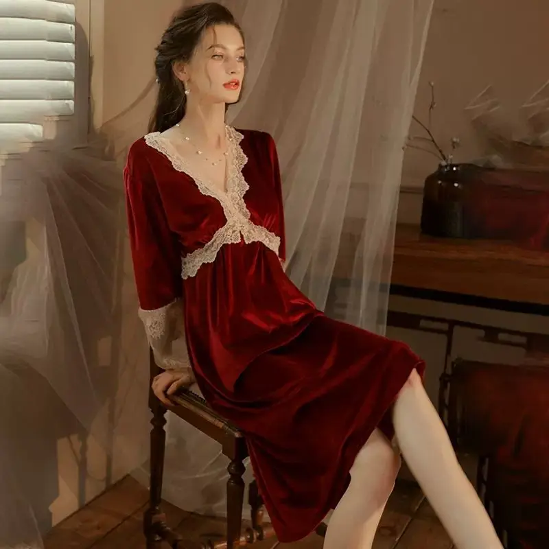 Gold Velvet Nightdress Women Spring Autumn 2024 New Temperament Feminine Long Dress Sexy Nightgowns Sleepwear Pijama Nightwear