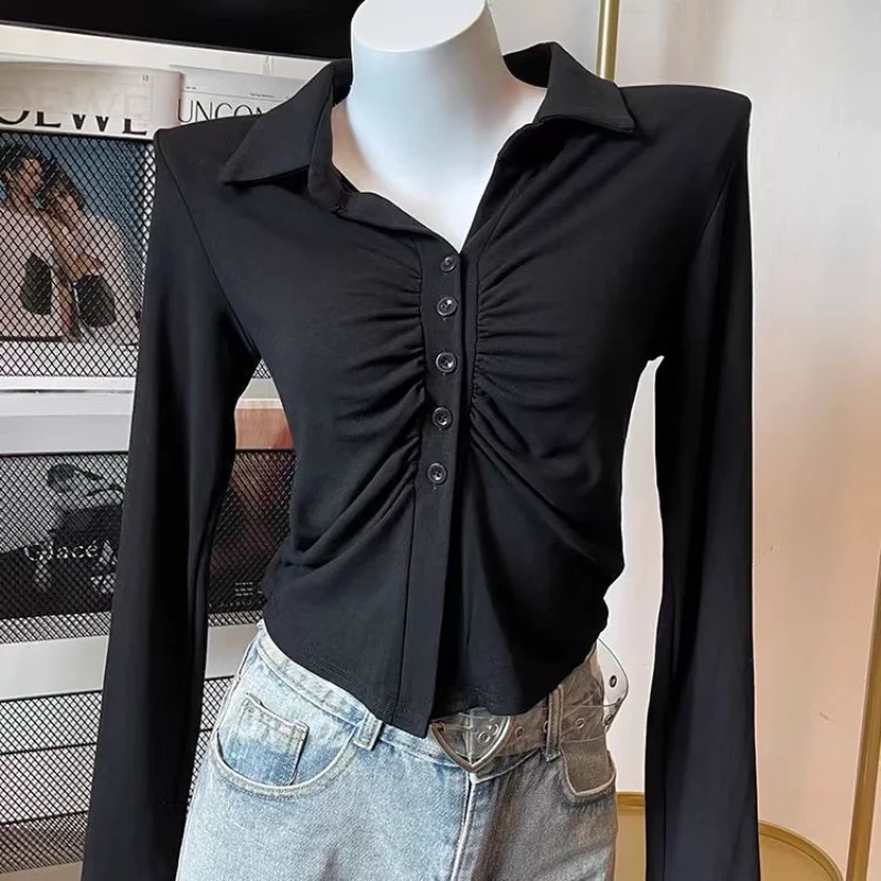 

Маленькая новая рубашка 2024, футболка с длинными рукавами, тонкий топ с воротником-поло для девочек, базовый топ для женщин