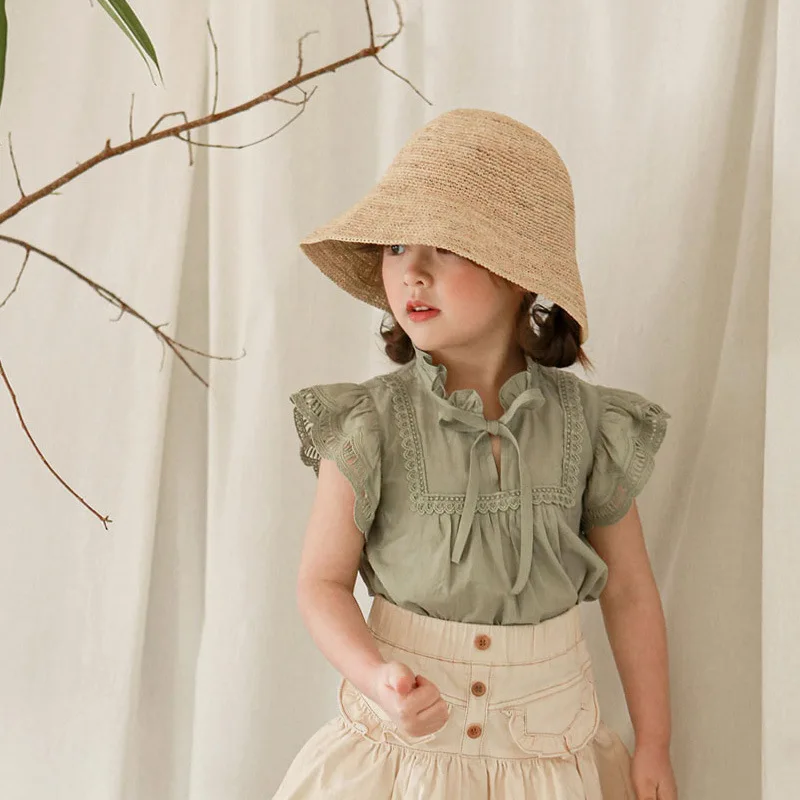 2025Summer Style Strawberry Shan Girl's Thin Cotton Stylish Ruffled Collar Embroidered Lace ShirtTT-shirt in Stock
